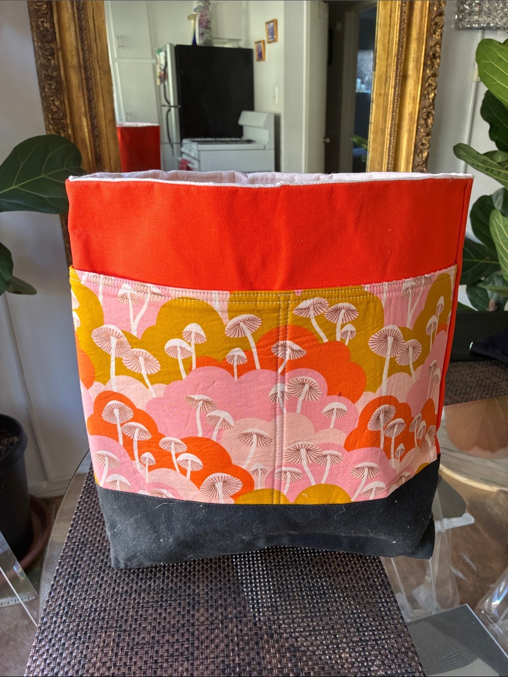Handcrafted Multicolor Fabric Storage Bin - Orange, Pink & Black